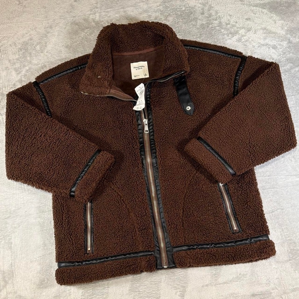 NWT Abercrombie‎ & Fitch Leather Accent Sherpa Fleece Jacket | Brown | Small